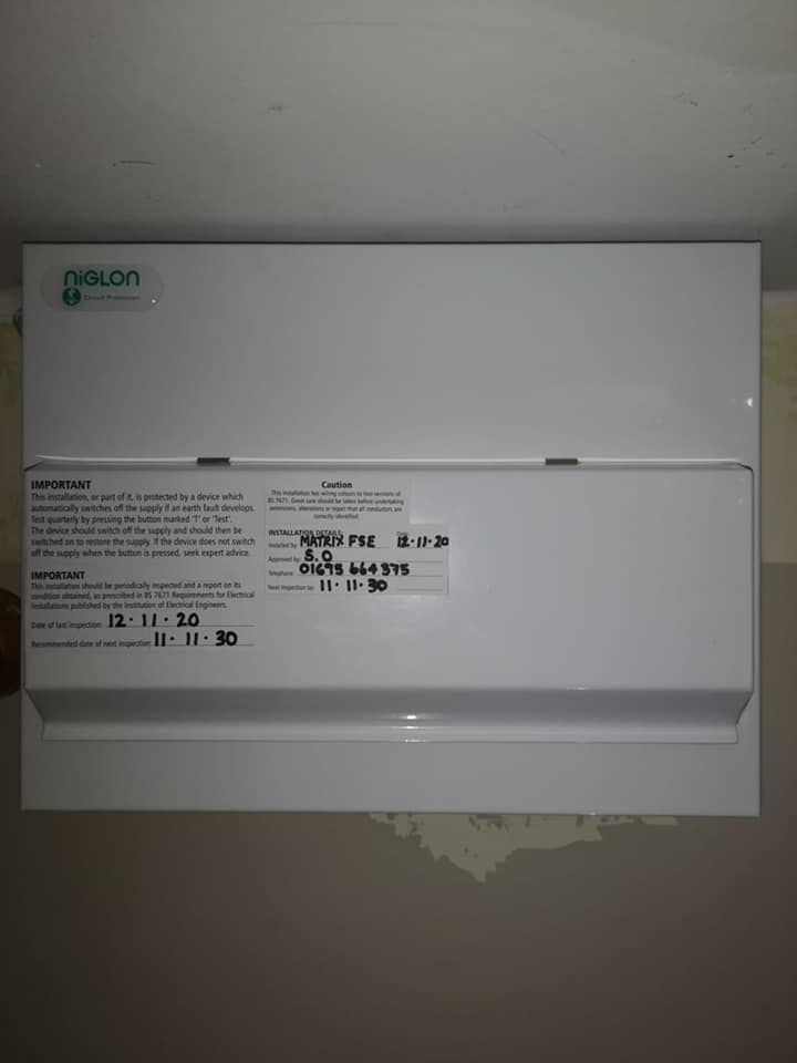 NiGLON consumer unit installed by Matrix FSE, labelled with all circuits and inspection details